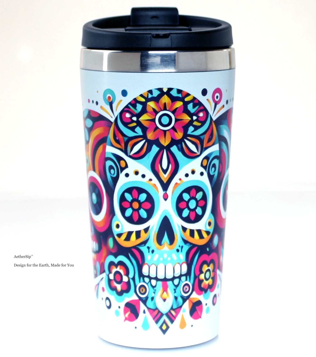 Colorful Skull-Themed Travel Mug