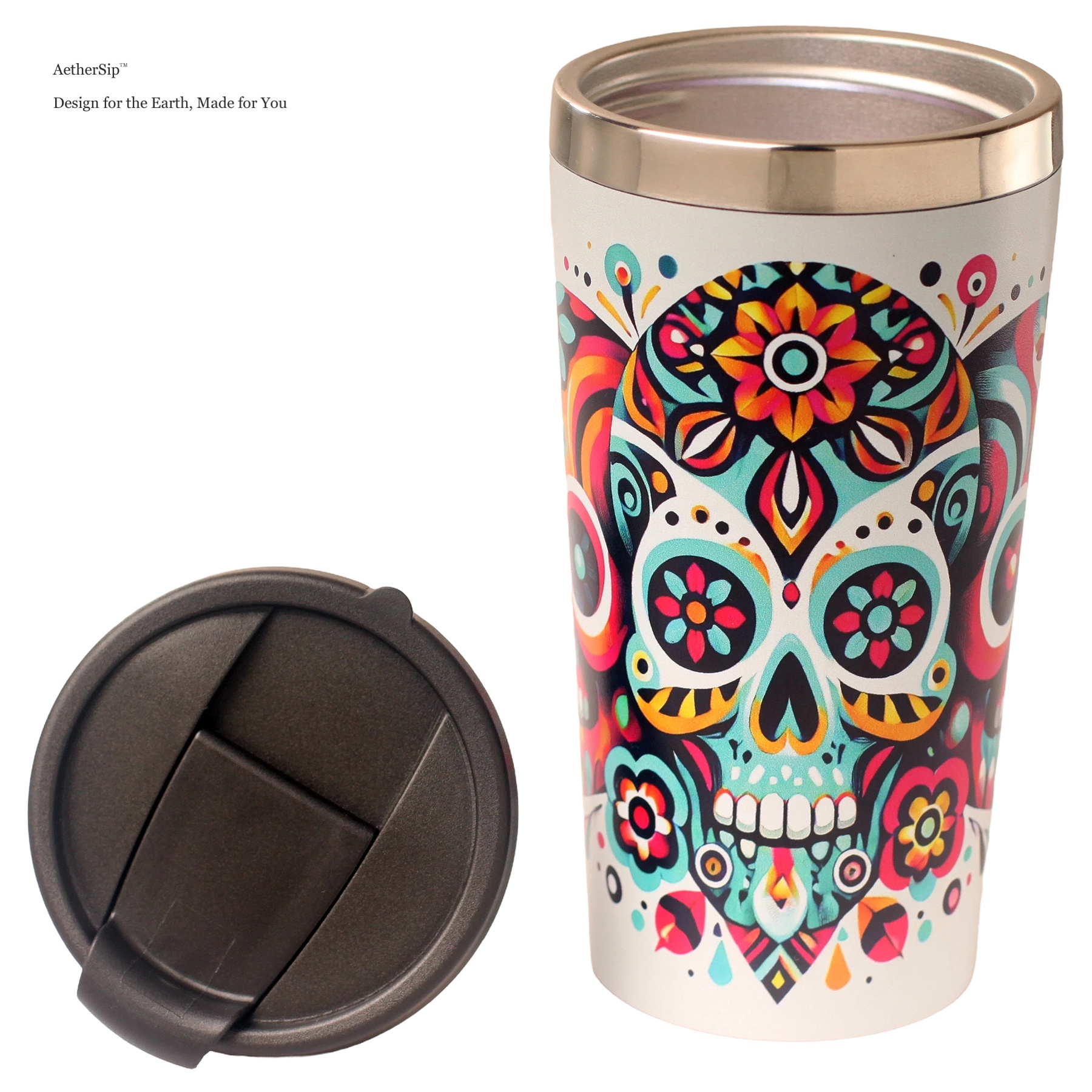 Colorful Skull-Themed Travel Mug Alternate View 2