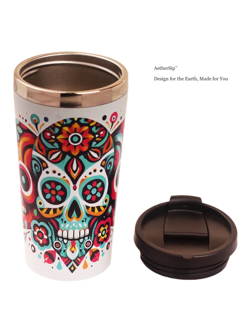 Colorful Skull-Themed Travel Mug Side View