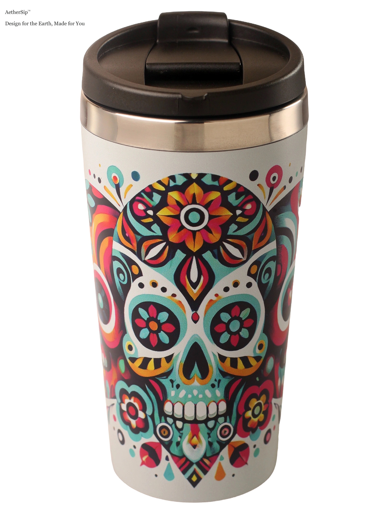 Colorful Skull-Themed Travel Mug Alternate View 1