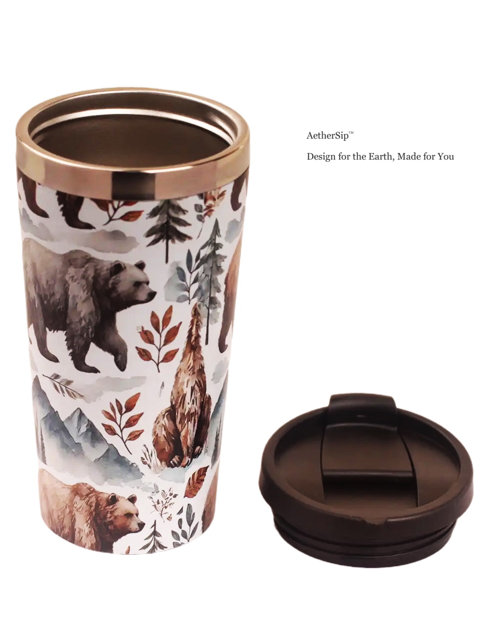 Bear-Themed Watercolor Travel Mug Side View